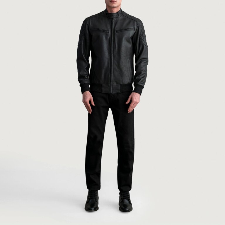 Mens Sven Tumbled Black Leather Bomber Jacket Full Length-2-1724139612351